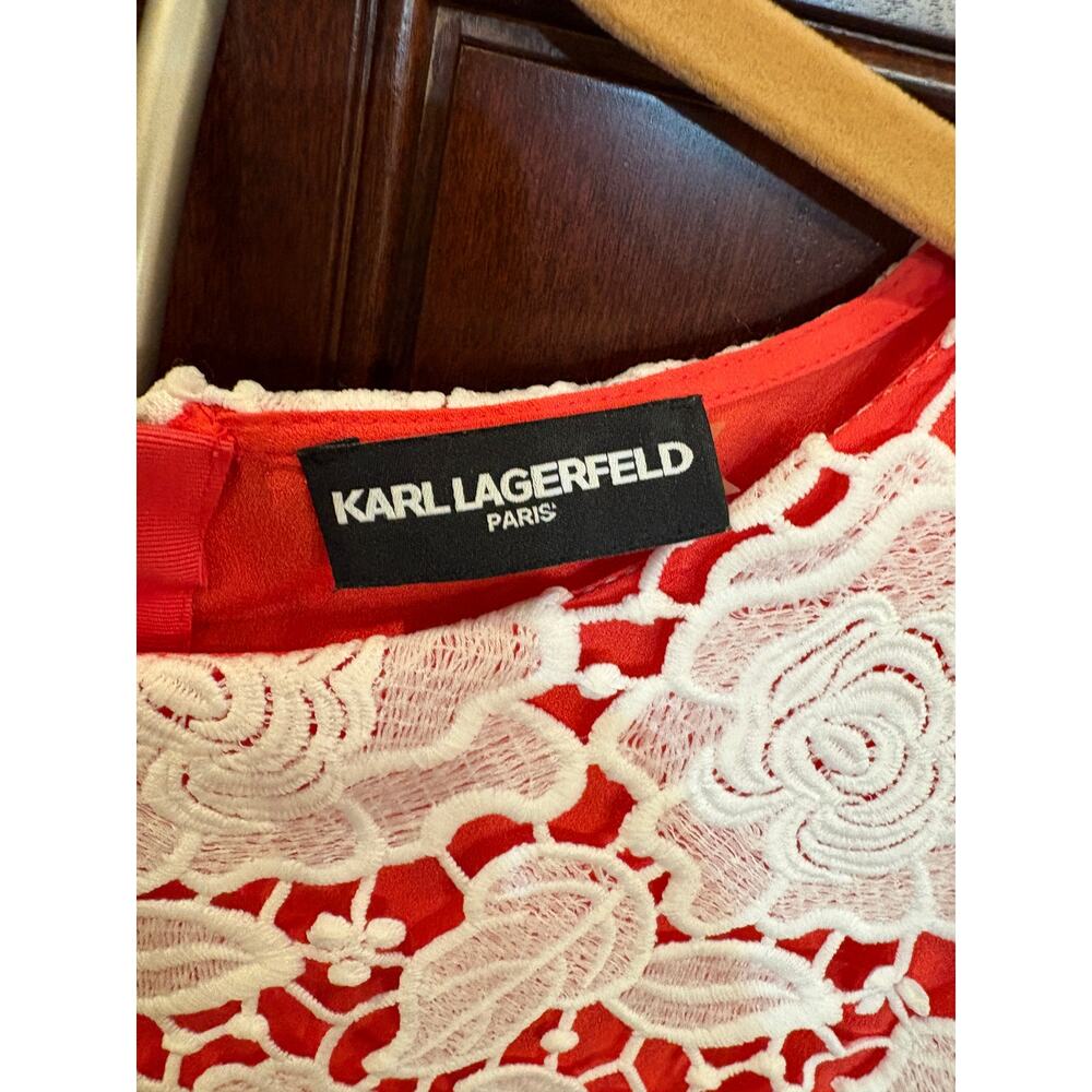 Karl Lagerfeld Coral Dress with White Lace Overlay Size 12 - Picture 12 of 16